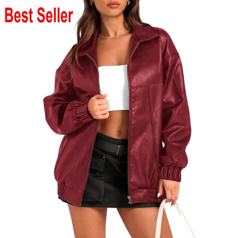 Oversized Faux Leather Bomber Jacket, Zip Up Motorcycle Style, S-XXL